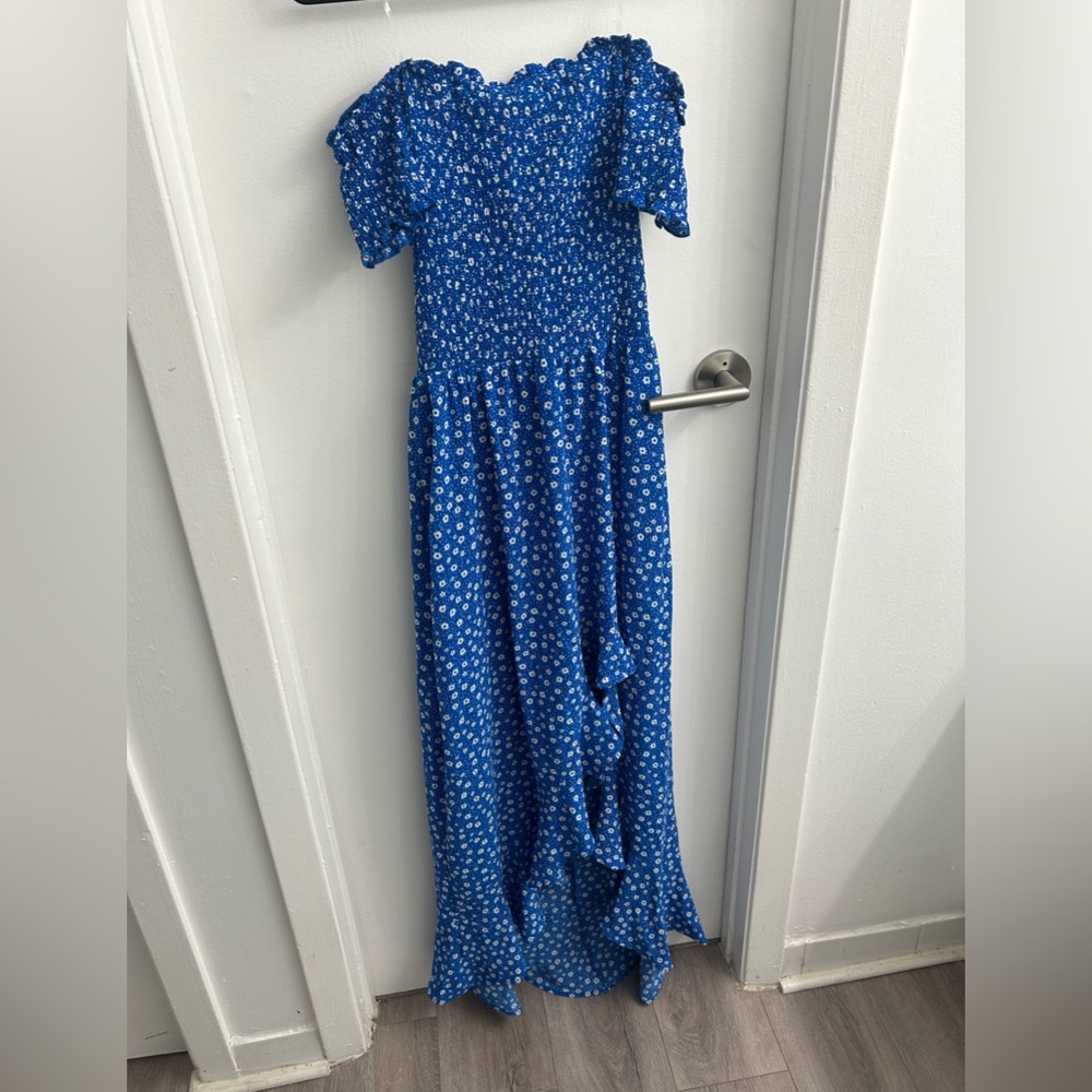 Crystal Doll high low Blue and White Maxi Dress